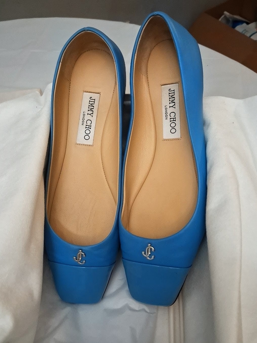 Jimmy Choo Bright Blue Leather Square-Toe Ballet Flats